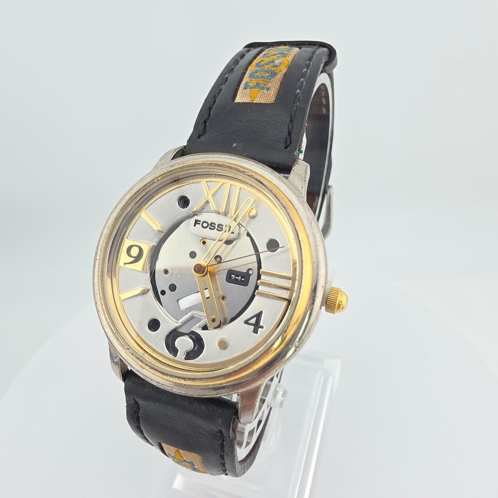 Vtg FOSSIL Watch Road Trip Collection Steampunk Black Leather Silver Gold 8"